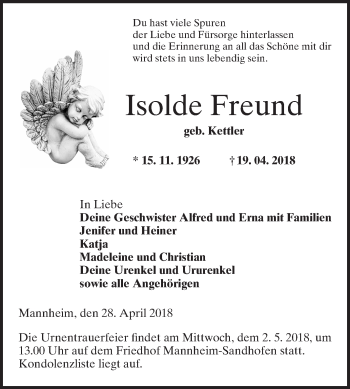 Traueranzeige von Isolde Freund von Mannheimer Morgen