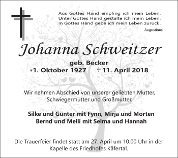 Traueranzeige von Johanna Schweitzer von Mannheimer Morgen