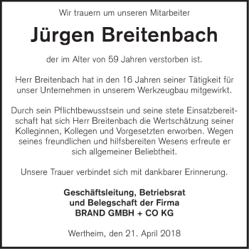 Traueranzeige von Jürgen Breitenbach von Fränkische Nachrichten