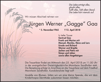 Traueranzeige von Jürgen Werner Gaa von Mannheimer Morgen