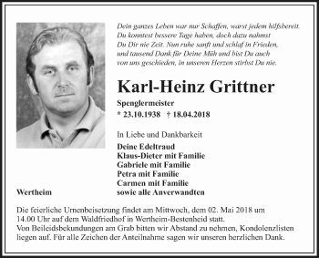 Traueranzeige von Karl-Heinz Grittner von Fränkische Nachrichten