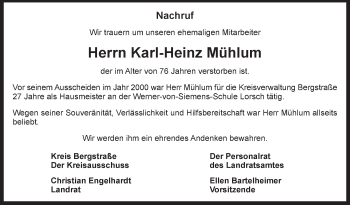 Traueranzeige von Karl-Heinz Mühlum von Bergsträßer Anzeiger