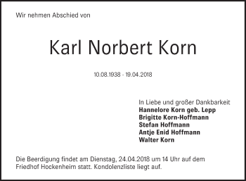 Traueranzeige von Karl Norbert Korn von Schwetzinger Zeitung