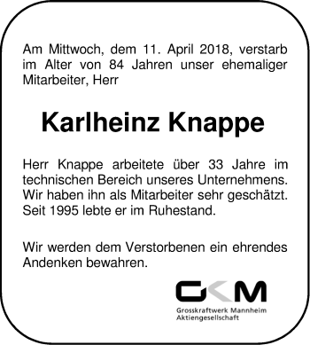 Traueranzeige von Karlheinz Knappe von Mannheimer Morgen