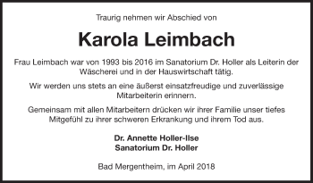 Traueranzeige von Karola Leimbach von Fränkische Nachrichten