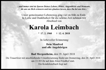 Traueranzeige von Karola Leimbach von Fränkische Nachrichten