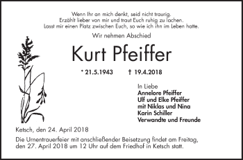 Traueranzeige von Kurt Pfeiffer von Schwetzinger Zeitung