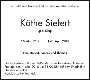 Traueranzeige von Käthe Siefert von Mannheimer Morgen