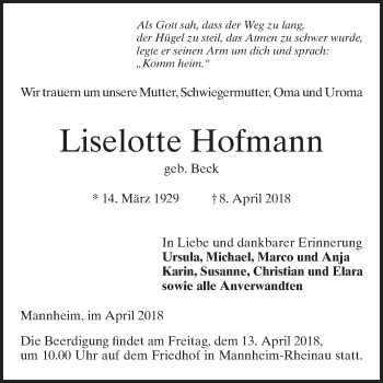 Traueranzeige von Liselotte Hofmann von Mannheimer Morgen