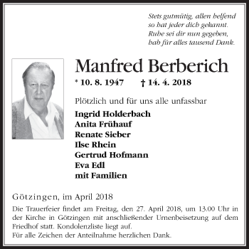 Traueranzeige von Manfred Berberich von Fränkische Nachrichten