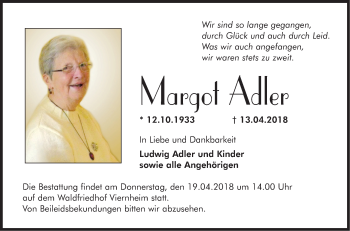 Traueranzeige von Margot Adler von Südhessen Morgen