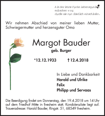 Traueranzeige von Margot Bauder von Mannheimer Morgen