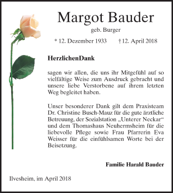 Traueranzeige von Margot Bauder von Mannheimer Morgen