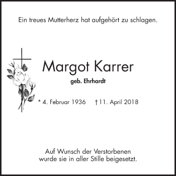 Traueranzeige von Margot Karrer von Schwetzinger Zeitung