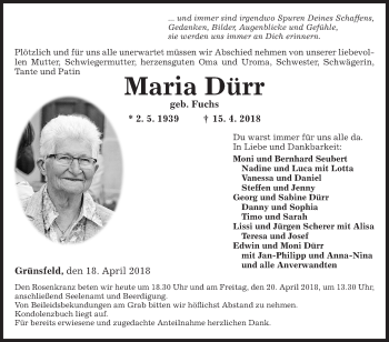 Traueranzeige von Maria Dürr von Fränkische Nachrichten