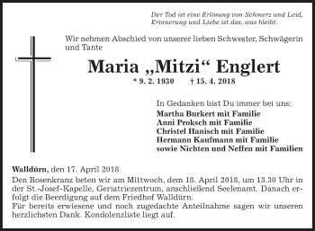 Traueranzeige von Maria Englert von Fränkische Nachrichten