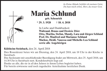 Traueranzeige von Maria Schlund von Fränkische Nachrichten