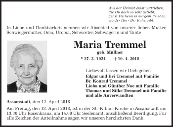 Traueranzeige von Maria Tremmel von Fränkische Nachrichten