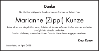 Traueranzeige von Marianne Kunze von Mannheimer Morgen