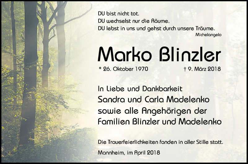  Traueranzeige für Marko Blinzler vom 21.04.2018 aus Mannheimer Morgen