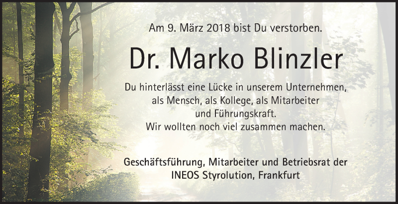  Traueranzeige für Marko Blinzler vom 28.04.2018 aus Mannheimer Morgen