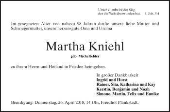 Traueranzeige von Martha Kniehl von Schwetzinger Zeitung