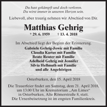 Traueranzeige von Matthias Gehrig von Fränkische Nachrichten