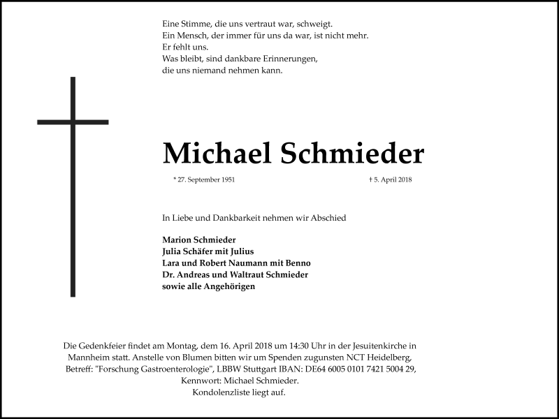  Traueranzeige für Michael Schmieder vom 14.04.2018 aus Mannheimer Morgen