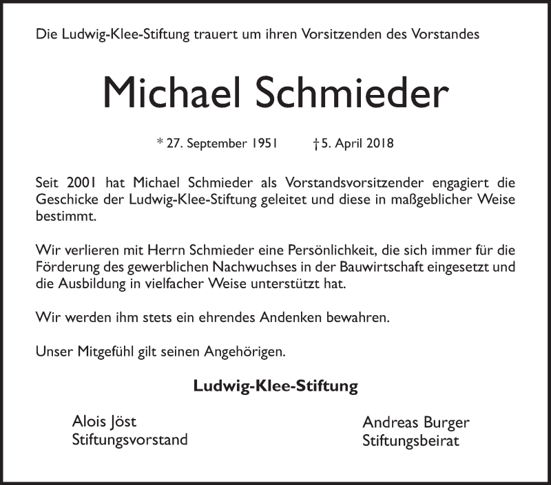  Traueranzeige für Michael Schmieder vom 14.04.2018 aus Mannheimer Morgen
