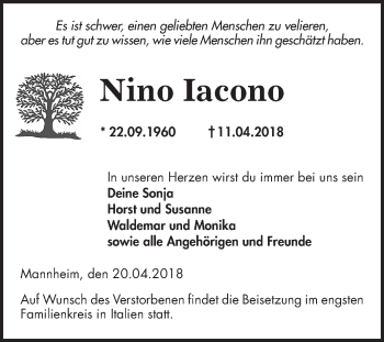 Traueranzeige von Nino Iacono von Mannheimer Morgen