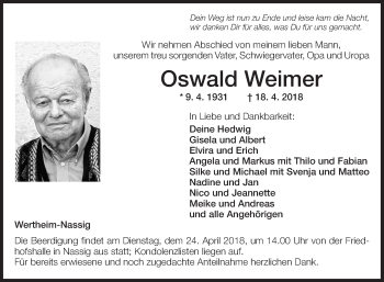 Traueranzeige von Oswald Weimer von Fränkische Nachrichten