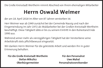 Traueranzeige von Oswald Weimer von Fränkische Nachrichten