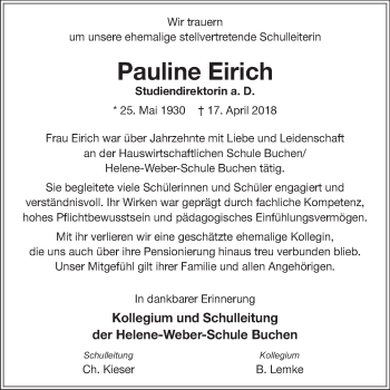 Traueranzeige von Pauline Eirich von Fränkische Nachrichten