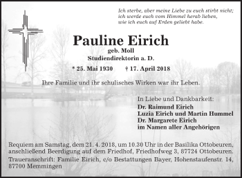 Traueranzeige von Pauline Eirich von Fränkische Nachrichten