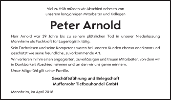 Traueranzeige von Peter Arnold von Schwetzinger Zeitung