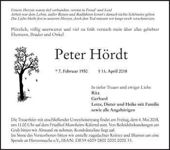 Traueranzeige von Peter Hördt von Mannheimer Morgen