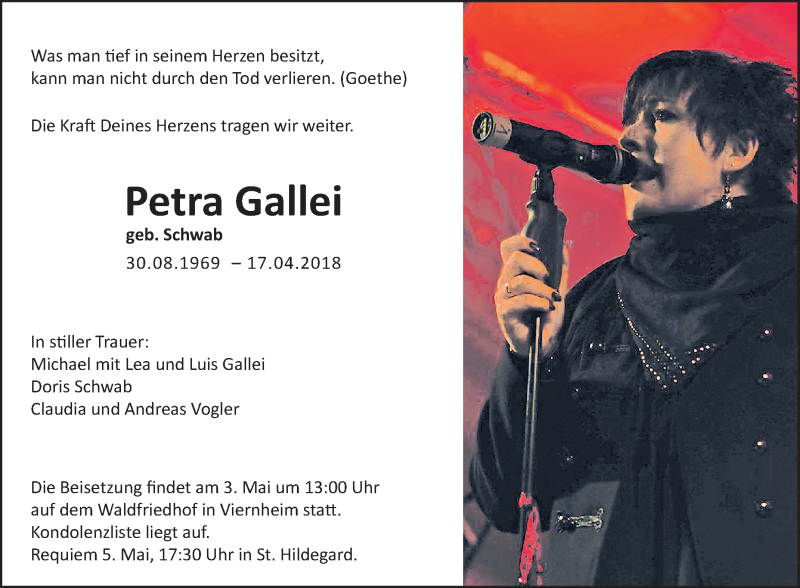  Traueranzeige für Petra Gallei vom 28.04.2018 aus Südhessen Morgen