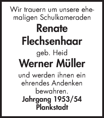 Traueranzeige von Renate Flechsenhaar von Schwetzinger Zeitung