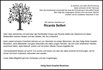 Traueranzeige von Ricarda Seifert von Bergsträßer Anzeiger