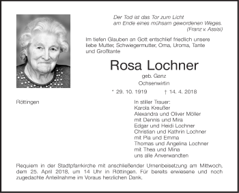 Traueranzeige von Rosa Lochner von Fränkische Nachrichten