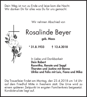 Traueranzeige von Rosalinde Beyer von Mannheimer Morgen