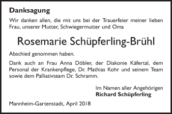 Traueranzeige von Rosemarie Schüpferling-Brühl von Mannheimer Morgen