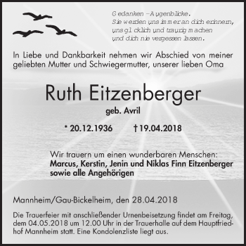 Traueranzeige von Ruth Eitzelberger von Mannheimer Morgen