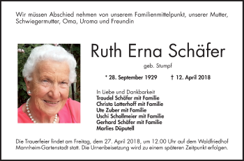 Traueranzeige von Ruth Erna Schäfer von Mannheimer Morgen