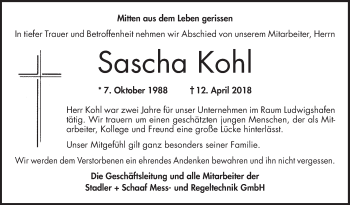 Traueranzeige von Sascha Kohl von Südhessen Morgen