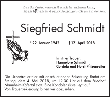 Traueranzeige von Siegfried Schmidt von Mannheimer Morgen