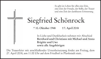 Traueranzeige von Siegfried Schönrock von Schwetzinger Zeitung