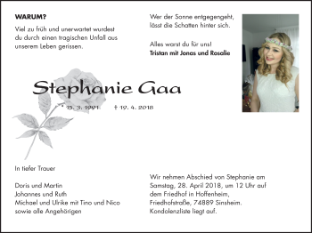 Traueranzeige von Stephanie Gaa von Schwetzinger Zeitung