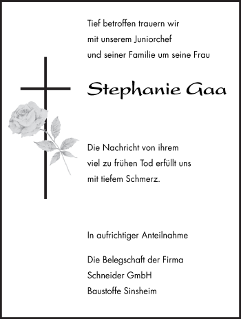 Traueranzeige von Stephanie Gaa von Schwetzinger Zeitung