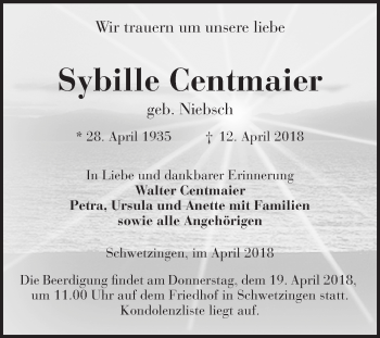 Traueranzeige von Sybille Centmaier von Schwetzinger Zeitung